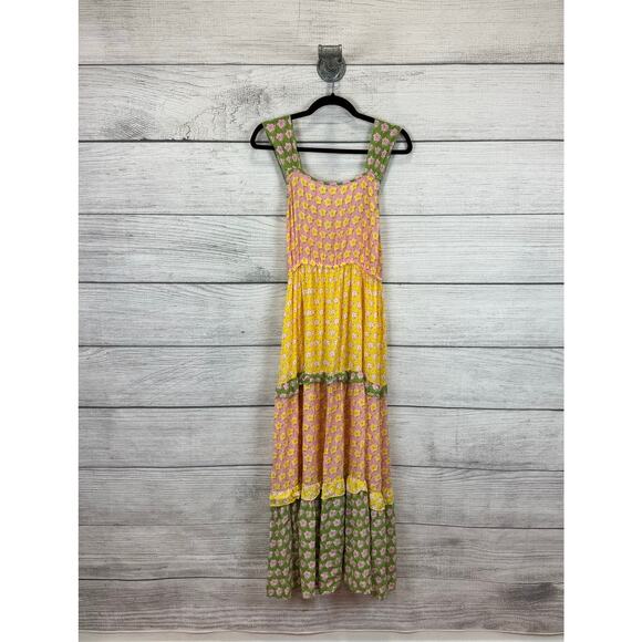 Kiwi + Punch Women's Summer Pink Yellow Floral Tiered Midi Dress Size Large - Picture 1 of 11
